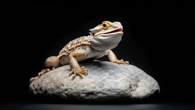 A captivating close-up of a bearded dragon perched on a rock.