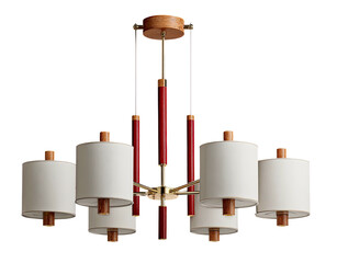 Chandelier with cylindrical shades and red & wood accents against a black background