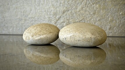 Two light beige stones resting on a reflective surface, mirrored perfectly
