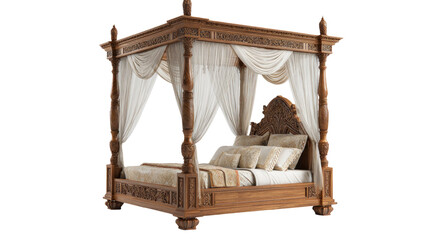 Luxury carved wooden canopy bed with sheer curtains ornate headboard classic bedroom furniture isolated on white background