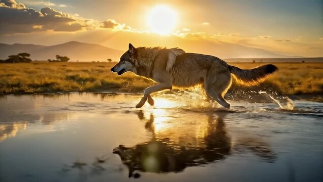 Majestic wolf gracefully runs through water during a beautiful sunset, wildlife scene.