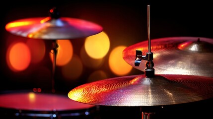 Fototapeta premium Colorful Drums and Cymbals with Bokeh Lights in Background