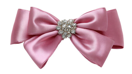 Pink satin ribbon bow with rhinestone center elegant decorative accessory gift embellishment isolated on white background