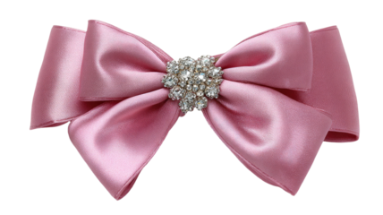 Pink satin ribbon bow with rhinestone center elegant decorative accessory gift embellishment isolated on white background