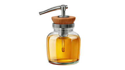 Glass soap dispenser with metal pump wooden top filled with liquid soap bathroom accessory isolated on white background