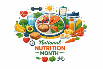 Colorful illustration promoting healthy eating for National Nutrition Month with various foods and fitness symbols.
