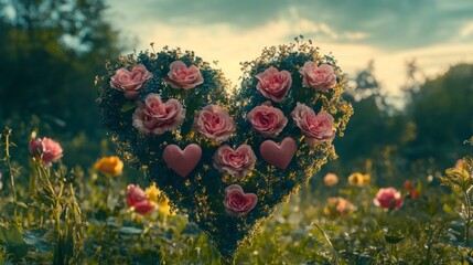 Heart-shaped floral arrangement of pink roses and small hearts, nestled in a garden setting at sunset