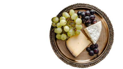 Cheese platter with green grapes black grapes soft cheese hard cheese rustic metal plate isolated on white background