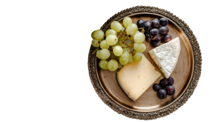 Cheese platter with green grapes black grapes soft cheese hard cheese rustic metal plate isolated on white background