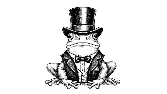 Frog tuxedo top hat sketch raster illustration Black and white hand drawn