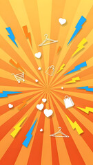 Fototapeta premium Energetic online shopping promotion background with various sale icons bursting from the center to announce special deals and exciting discounts
