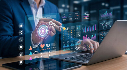 Digital marketing and audience customer targeting insight concept. businessman analyzing social media strategy, online advertising, customer engagement, and conversion rates