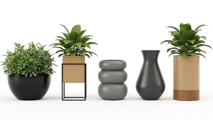 Assortment of decorative including potted plants, modern vases, and a stacked spherical sculpture on a white background