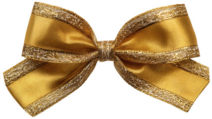 Luxurious gold ribbon bow with shimmering metallic texture festive gift wrapping decoration elegant isolated on white background