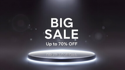 Modern illuminated stage with glowing product display podium for big sale up to 70 percent off marketing promotion advertising campaign and exclusive discount offers