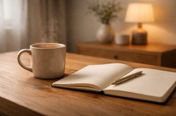 cozy indoor lifestyle scene with warm ceramic mug and notebook, calm evening mood, minimal home interior