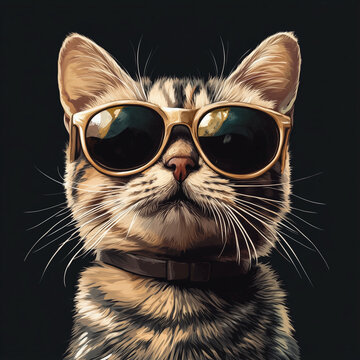 Stylish artistic portrait of a cat wearing sunglasses on a dark background, detailed digital illustration with realistic fur and fashionable mood