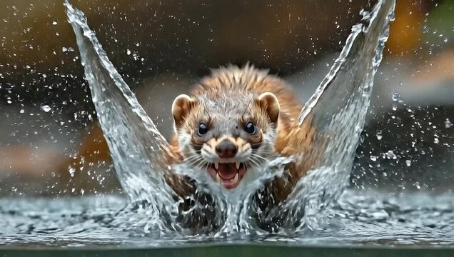 A fierce ferret bursts through water, showcasing its agility and determination in a dynamic wildlife scene.