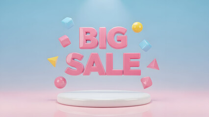 Visually stunning 3D big sale promotion with floating geometric shapes creating a dynamic retail advertisement for seasonal discounts and special offers on an elegant podium