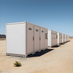 Naklejka premium Large scale industrial battery storage system for renewable energy grid with solar panels.