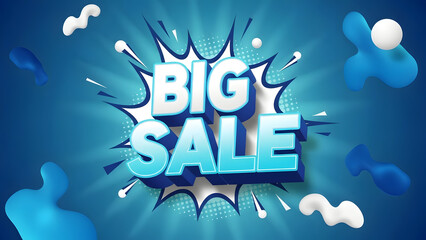 Dynamic Big Sale promotion banner with bold 3D typography and abstract shapes on a vibrant blue background for modern marketing campaigns and special discount advertisements