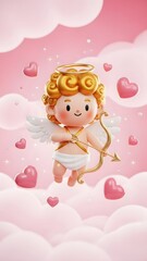 Obraz premium Cute 3D Little Cupid Flying in Pink Clouds with Golden Bow