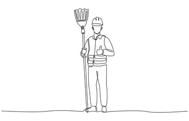 Continuous one line drawing of street cleaner giving thumbs up while holding broom, single line art.