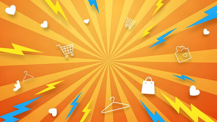 Dynamic online shopping sales event background with vibrant orange rays and scattered e-commerce symbols perfect for digital marketing promotions