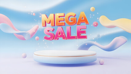 Dynamic mega sale promotion advertisement with 3D colorful text and a stylish product display podium perfect for online retail discounts and special e-commerce marketing offers