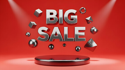 Dynamic 3D big sale promotion display with chrome letters and geometric shapes on a vibrant red background for marketing advertising and special discount offers