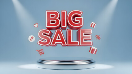 Dynamic 3D red letters spelling Big Sale floating above a metallic podium surrounded by shopping icons representing a major online retail promotion