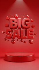 Vibrant red 3D rendering showcasing a big sale announcement with dynamic floating elements above a glossy product display podium for retail marketing campaigns and discount promotions