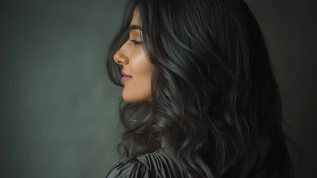 A woman with long dark hair and a smile on her face. She is wearing a black dress. Indian woman portrait photography, gentle softbox lighting, neutral tones, high-end commercial studio portrait style