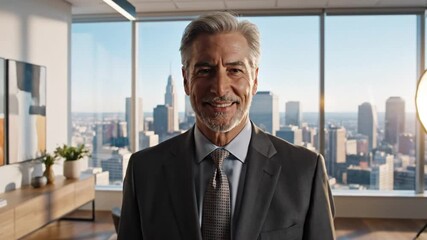 Confident Businessman Standing in Modern Office with Cityscape View Ready to Offer Services
