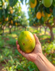 Close-up shot of a human hand gently holding a ripe yellow-green mango, with natural texture and subtle imperfections clearly visible on the fruit&rsquo;s skin. The background features a mango tree orchard 