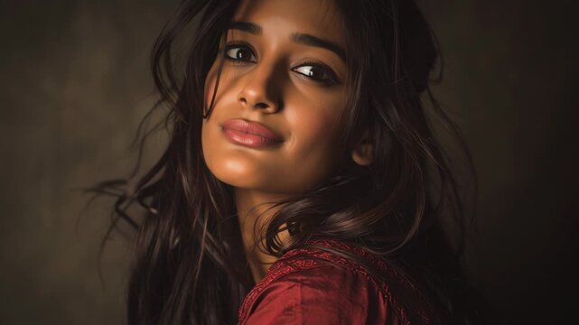 A woman with long dark hair and brown eyes. She is wearing a red dress. Indian woman portrait photography, gentle softbox lighting, neutral tones, high-end commercial studio portrait style