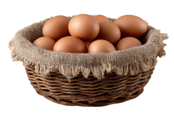 Basket filled with brown eggs, lined with burlap on a dark background