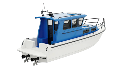 Blue and White Cabin Cruiser Boat with Outboard Motors