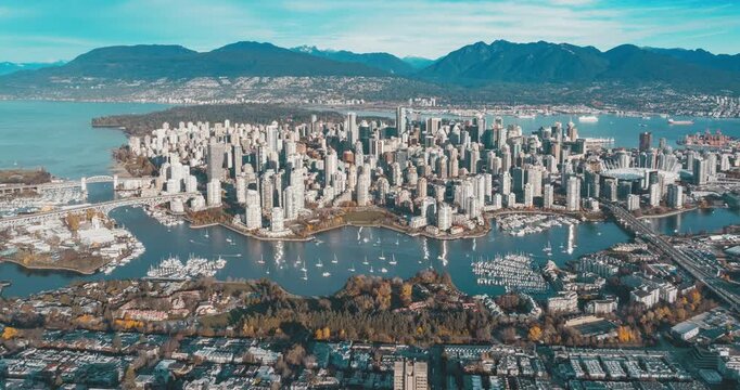 Aerial hyperlapse of  Vancouver cityline, Canada.