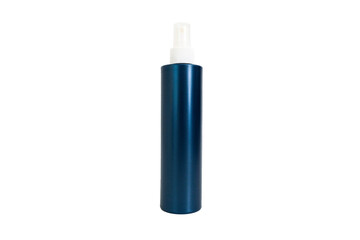Mockup of dark blue plastic spray bottle for cosmetics isolated on grey background