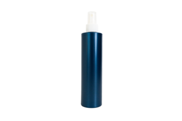 Mockup of dark blue plastic spray bottle for cosmetics isolated on grey background