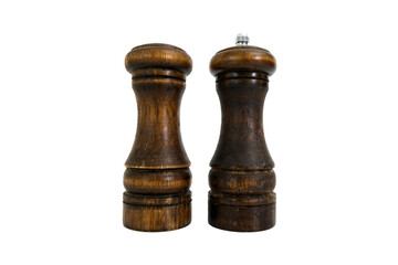 Dark brown wooden classic salt and pepper shakers isolated on transparent background, front view
