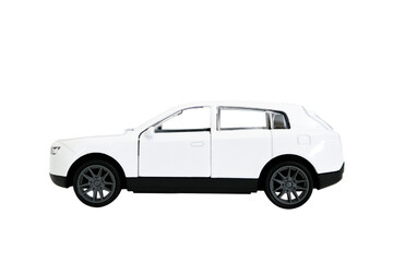 Toy white car isolated on transparent background, side view