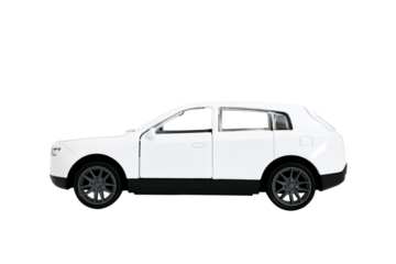 Toy white car isolated on transparent background, side view
