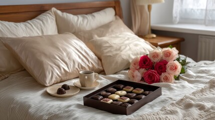 Romantic breakfast in bed chocolate and roses cozy bedroom photography soft lighting intimate moments