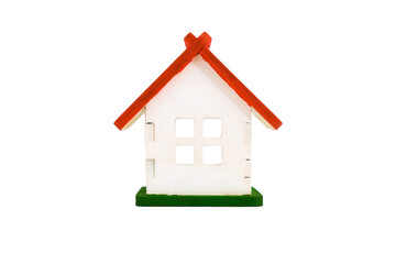 Wooden toy white house with red roof isolated on transparent background