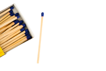 A wooden match with a blue head lies next to an open matchbox, isolated on a transparent background
