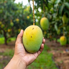 Close-up shot of a human hand gently holding a ripe yellow-green mango, with natural texture and subtle imperfections clearly visible on the fruit&rsquo;s skin. The background features a mango tree orchard 