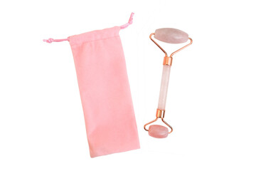 A pink jade roller for facial massage and a pink storage pouch on a transparent background. Rose...
