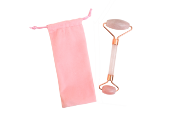 A pink jade roller for facial massage and a pink storage pouch on a transparent background. Rose quartz roller. Cosmetic tool